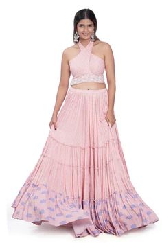 Shop for Vana Ethnics Peach Satin Halter Neck Blouse And Layered Lehenga Set for Women Online at Aza Fashions Halter Neck Lehenga, Halter Blouse Lehenga, Summer Sleeveless Blouse With Cutdana, Halter Indian Blouse, Lehenga Halter Blouse, Halter Neck Blouses, Blouse Designs High Neck, Hem Blouse, Beaded Neckline