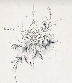 a black and white drawing of flowers with the words balance written on it's side