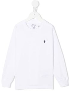 embroidered-logo cotton T-shirt from RALPH LAUREN KIDS featuring optical white, navy blue, cotton, embroidered logo at the chest, round neck, long sleeves and straight hem. | Ralph Lauren Kids embroidered-logo cotton T-shirt White Long Sleeve T-shirt With Embroidered Logo, Casual Long Sleeve T-shirt With Embroidered Logo, Classic Long Sleeve Tops With Logo Print, Classic Long Sleeve Tops With Embroidered Logo, Classic Long Sleeve Top With Embroidered Logo, Polo Ralph Lauren Kids, Ralph Lauren Kids, Ballet Flat Shoes, Skirted Swimwear