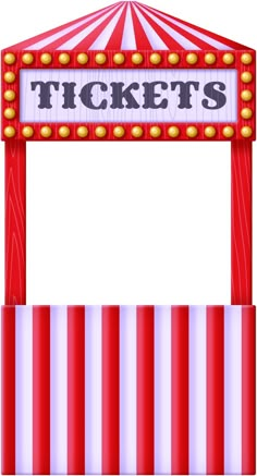 a red and white striped tent with the word tickets on it's front side