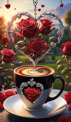 a coffee cup with roses in the shape of a heart