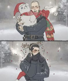 two pictures with one man holding a cat and the other is wearing a santa hat