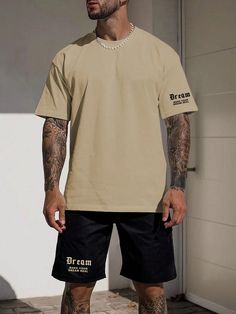 Preto Casual Collar   Letra  Embellished Elasticidade Média Verão Co Ords, Men T Shirt, T Shirt And Shorts, Men Clothing, Shorts Set, Fashion Online Shop, Short Sets