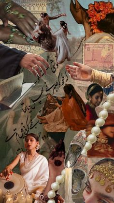 an artistic collage with many different pictures and words on it, including hands reaching out to each other