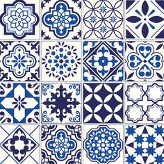 blue and white tiles with different designs