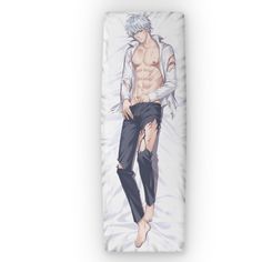 an anime character is laying in bed with his shirt off and no shirt on,