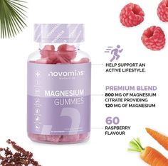 Magnesium Gummies - Vegan - 1 Month Supply - Gluten Free - Chewable Magnesium Supplements - 800mg Magnesium Citrate Providing 120mg of Magnesium - Made by Novomins Supplement Design, Magnesium Gummies, Supplement Label Design, Magnesium Supplement, Vegan Gummies, Magnesium Citrate, Raspberry Recipes, Supplements For Women