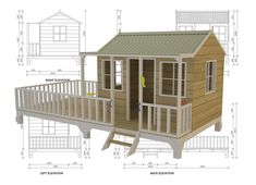 the plans for a small wooden house with porch and deck are shown in blueprints