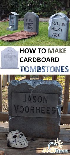 the tombstones have been decorated with hockey masks and other things to decorate on them