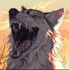 a wolf with its mouth open and it's teeth wide open in front of an orange sky