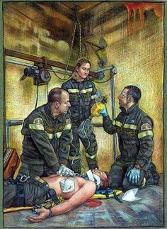 a drawing of firemen talking to a woman on the floor