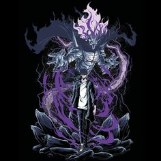 a man standing in front of a purple and black background with an evil demon on it