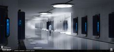 a man is walking down a long hallway with blue lights on either side of it