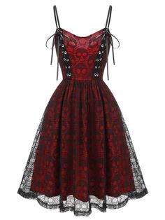 Wine Red 1950s Skull Pattern Gothic Style Dress – Retro Stage - Chic Vintage Dresses and Accessories Retro Stage, Skull Dress, Skull Pattern, Dress Retro, Gothic Style, Dress Pant, Denim Pant, Women's Dress, Retro Dress