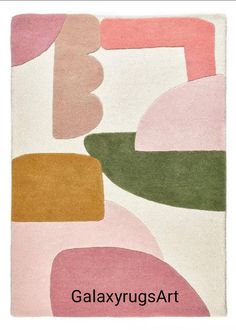 an abstract rug with pink, green and yellow shapes