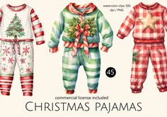 three christmas pajamas with different designs on them and the words, christmas pajamas are printed in red