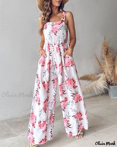 Olivia Mark - Chic Floral Pattern Wide-Legged Suspender Jumpsuit Suspender Jumpsuit, Jumpsuit Wide Leg, Pocket Jumpsuit, Jumpsuit Casual, Floral Print Jumpsuit, Wide Leg Romper, Print Jumpsuit, Jumpsuit Pattern, Jumpsuit Summer