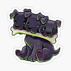 three black puppies holding a bone sticker