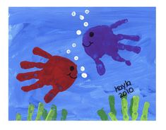 two children's handprints in the water with an octopus and fish on them