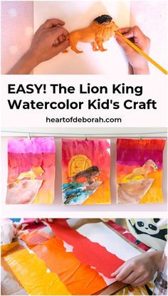 the lion king watercolor kid's craft is being made with paper and glue