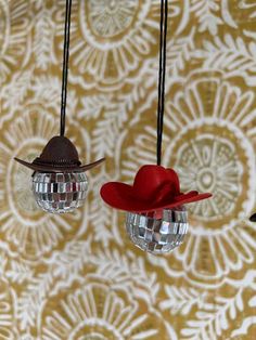 Add the perfect amount of yee-haw to your rearview mirror, windows, plants and more with these mini disco cowboy hats! Miniature cowboy hats sit atop 1” disco balls, with an accenting string for hanging. Disco Cowboy, Hat Blocks, Mirror House, Denim Jacket With Dress, Wedding Pets, Yee Haw, Easy Costumes, Disco Balls, Bachelorette Gifts