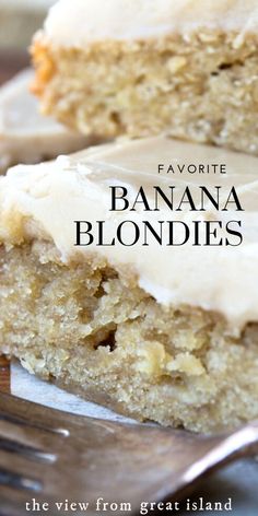 banana blondies with white frosting are on a plate and one is cut in half