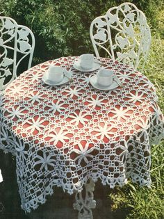 a table with two chairs and a doily on it in front of some bushes