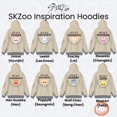 STAY Motivation SKZoo Hoodies with Inspirational Quotes | Stray Kids Unisex Hooded Sweatshirt for STAYs STAY inspired and cozy with this set of sand beige SKZoo hoodies, featuring your favorite Stray Kids characters alongside uplifting quotes featuring a reference to the best fans in the world. This collection of Rhyming Orange-designed hoodies are designed to empower every STAY and celebrate the incredible qualities of the group members. Made from a soft 50% cotton, 50% polyester blend, these Gildan unisex heavy blend hoodies provide comfort and style with a classic fit, double-lined hood, and kangaroo pocket. Perfect for expressing your love for SKZ while spreading positivity! Features: - Material: 50% cotton, 50% polyester - Fit: Unisex, classic fit with a double-lined hood - Ribbed cuf Stray Kids Characters, Designed Hoodies, Skz Merch, Kids Characters, Stay Kind, Orange Design, Best Fan, Kpop Merch, Motivational Messages