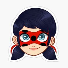 a girl with blue eyes and a red mask on her face sticker is shown