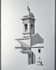 a black and white drawing of a clock tower