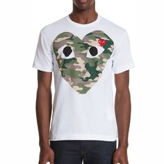 Show Your Heart Is Tough In This Soft Cotton T-Shirt Fronted By A Camo-Print Play Logo And Finished With The Signature Patch At The Chest. 27" Length (Size Medium) Crewneck Short Sleeves 100% Cotton Hand Wash, Line Dry Made In Japan Asian Owned/Founded Item #5558045 Runs Small; Order Next Size Up. Considered A Slim Fit; Fitted Through The Chest, Armholes And Sides Casual Cotton T-shirt With Heart Patch, Cotton Streetwear Top With Heart Shape, Cotton Heart-shaped Top For Streetwear, Casual Cotton Shirt With Heart Print, Casual Heart Print Crew Neck Shirt, Casual Crew Neck Shirt With Heart Print, Casual Short Sleeve Tops With Heart Patch, White Casual Top With Heart Patch, Casual White Top With Heart Patch