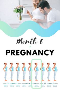 pregnant woman and man looking at their stomachs with the text month 6 of pregnancy