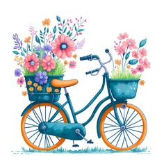 a blue bicycle with flowers in the basket