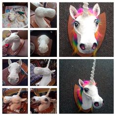 there are many pictures of different unicorns made out of paper mache and wood