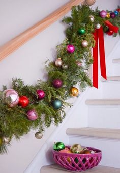 christmas decorations on the banisters and stairs