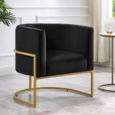 a black and gold chair in a living room next to a table with a potted plant