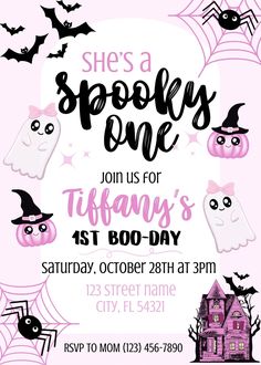 a pink halloween party with black and white lettering