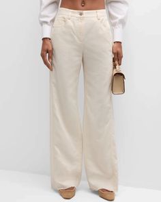 TWP lightweight pants featuring a relaxed silhouette and raw frayed hem Mid rise Five-pocket style Full length Button; zip closure Puddle Pants, Lightweight Pants, Wide Leg Linen Pants, Cotton Linen, Wide Leg Pants, Mid Rise, Full Length, Tops Designs, Wide Leg