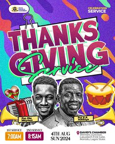 a poster for the thanksgiving giving service with two men smiling and holding musical instruments in front of them