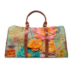 Embrace your inner flower child with our Boho Retro Flower Power Waterproof Travel Bag. Adorned with vintage florals, this bag is perfect for your next adventure. Stay stylish and organized with this functional and trendy accessory! This personalized travel bag is all about style. Made with high-grade waterproof nylon, it's a highly durable means of transferring your essentials wherever you go. With multiple compartments, a resilient carrying handle, and an adjustable shoulder strap, it's the perfect companion for all your adventures. .: High-grade nylon material.: Microfiber PU leather top handle and binding.: One size: 20" × 12'' × 9" (50.8cm × 30.5cm × 23cm ).: Brown PU leather handles and an adjustable shoulder strap.: Polyester lining.: Gold-colored zipper .: All-over print 20" x 12" Floral Print Shoulder Bag For Travel And Spring, Floral Print Shoulder Bag For Spring Travel, Green Floral Print Travel Bag, Rectangular Travel Bag With Floral Print, Vintage Travel Bags With Floral Print, Vintage Travel Bag For Spring, Vintage Travel Bags For Spring, Bohemian Multicolor Floral Print Bag, Bohemian Bags With Floral Print For Daily Use