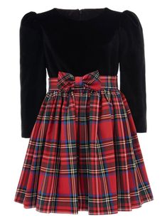 Tulleen plaid-print Velvet Dress - Farfetch Red And Black Dress Kids, Red And Black Plaid Dresses, Girls Tartan Dress, Plaid Toddler Dress, Red And Black Plaid Toddler Dress, Red Black Dress, Girls Casual Dresses, Red Velvet Dress, Bow Dress