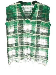 green multicolour mohair blend knitted construction unfinished effect plaid check pattern V-neck sleeveless raw edge Summer Plaid, Chunky Knitwear, Knit Fashion, Check Pattern, Sweater Weather, Raw Edge, Art Exhibition, Fiber Art, Knitted Sweaters