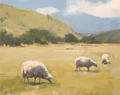 a painting of sheep grazing in a field