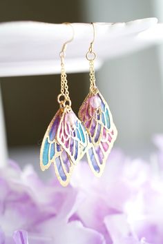 Fairy Wing Dangle Earrings, Fairycore Jewellery, Butterfly Earrings, Elegant Bridal Earrings, Fantasy Earrings, Statement Earrings Whimsical Iridescent Earrings With Ear Wire, Fairycore Ear Wire Earrings As Gift, Nickel Free Fairycore Dangle Earrings, Fairycore Dangle Earrings With Ear Wire, Nickel-free Fairycore Dangle Earrings, Handmade Fairy Earrings For Party, Gold Fairycore Drop Earrings, Fairy Style Drop Earrings For Gifts, Fairycore Drop Earrings With Ear Wire