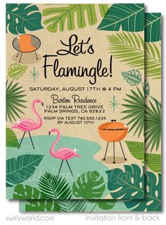 a set of two flamingos and grills on a tropical background with palm leaves