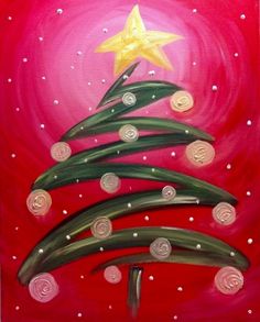 a painting of a christmas tree on a red background with white circles and gold star