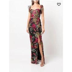 Currently Selling For $1,400 On Saks, Farfetch And Bergdorfs Marchesa Notte Floral-Embroidered Side-Slit Gown Cut For A Fitted Silhouette With An Elegant Sweetheart Neckline, Marchesa Notte's Gown Is Presented With A Black Background. The Piece Boasts Colourful Floral Embroidery All Over And Is Finished With A Thigh-High Side Slit. Imported Highlights Black/Multicolour All-Over Floral Embroidery Metallic Threading Sweetheart Neck Concealed Rear Zip Fastening Sleeveless Fitted Waistline Thigh-Hig Mermaid Dresses Formal, Marchesa Notte Dress, Floral Evening Gown, Floral Gown Dress, Marchesa Dresses, Marchesa Gowns, Black And White Gown, Marchesa Dress, Floral Chiffon Maxi Dress