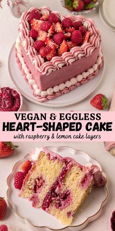 a heart - shaped cake with raspberry and lemon cake layers is shown in this collage