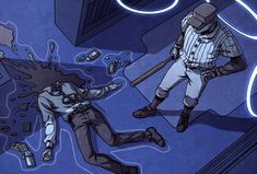 two baseball players are in the middle of a blue room with spilled objects on the floor