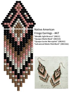 native american beaded earrings with pink, black and white designs on it's sides